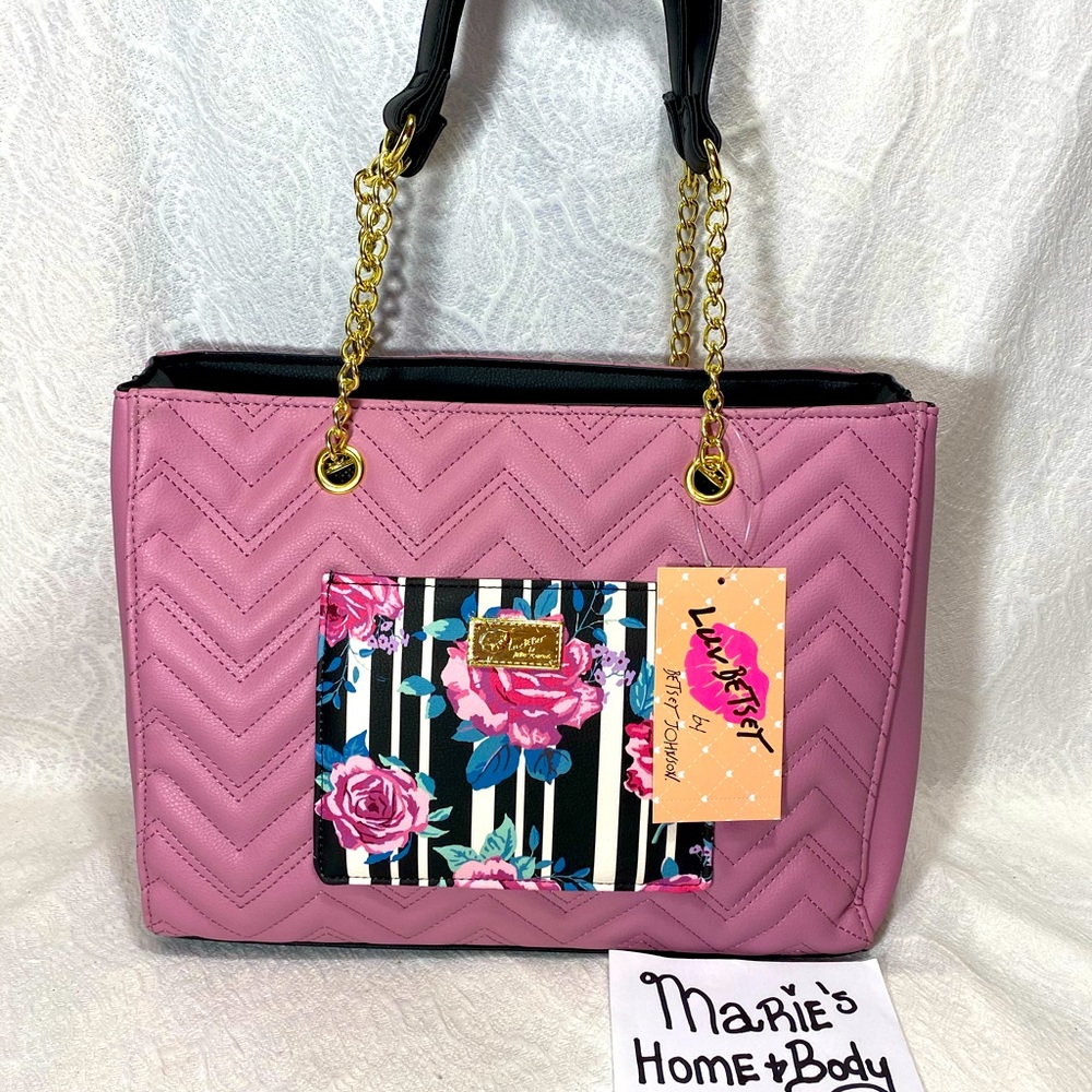 Betsey Johnson Luv Womans hand bag tote purse mauve floral chain strap BNWT